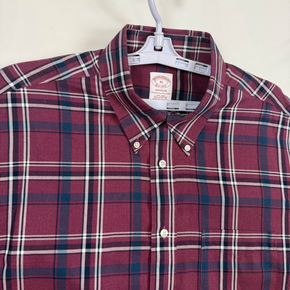 Brooks Brothers Madison Plaid Non-Iron Supima Cotton Shirt XL Burgundy Navy